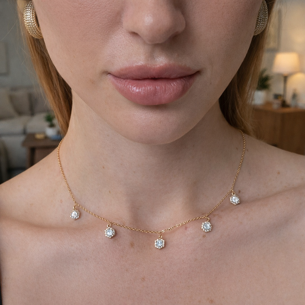 Gold necklace with blue stones